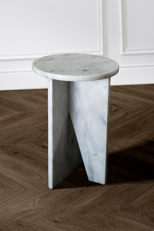 Stylish Zhob Accent Table in White Marble, perfect as a side table or decorative accent in any room.