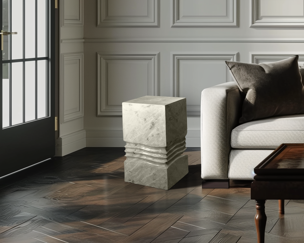 Timeless white marble Elysian side table highlighting its character through subtle grey veining.
