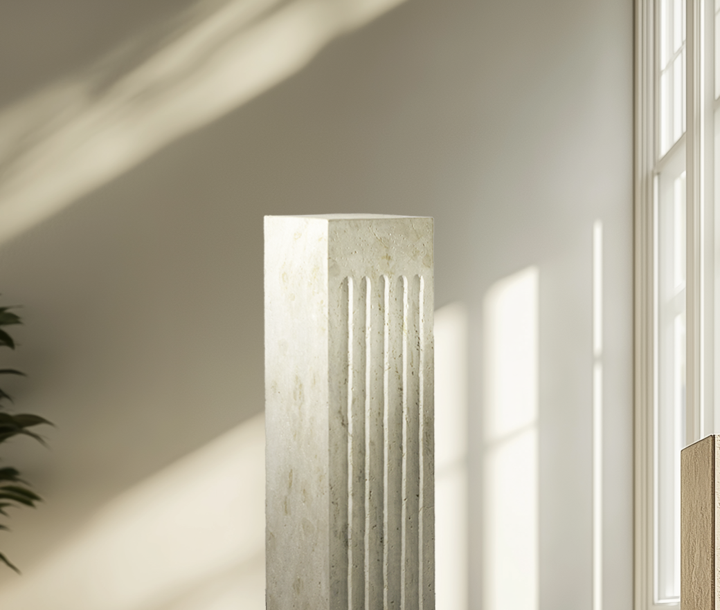 "Elegant Titanium Travertine Plinth highlighting unique veining and polished finish."