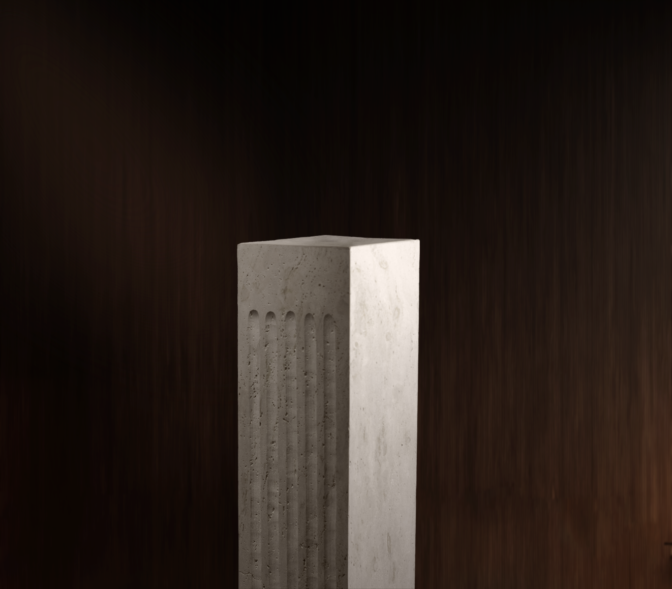 "Handcrafted Titanium Travertine Plinth with earthy tones and dynamic texture."