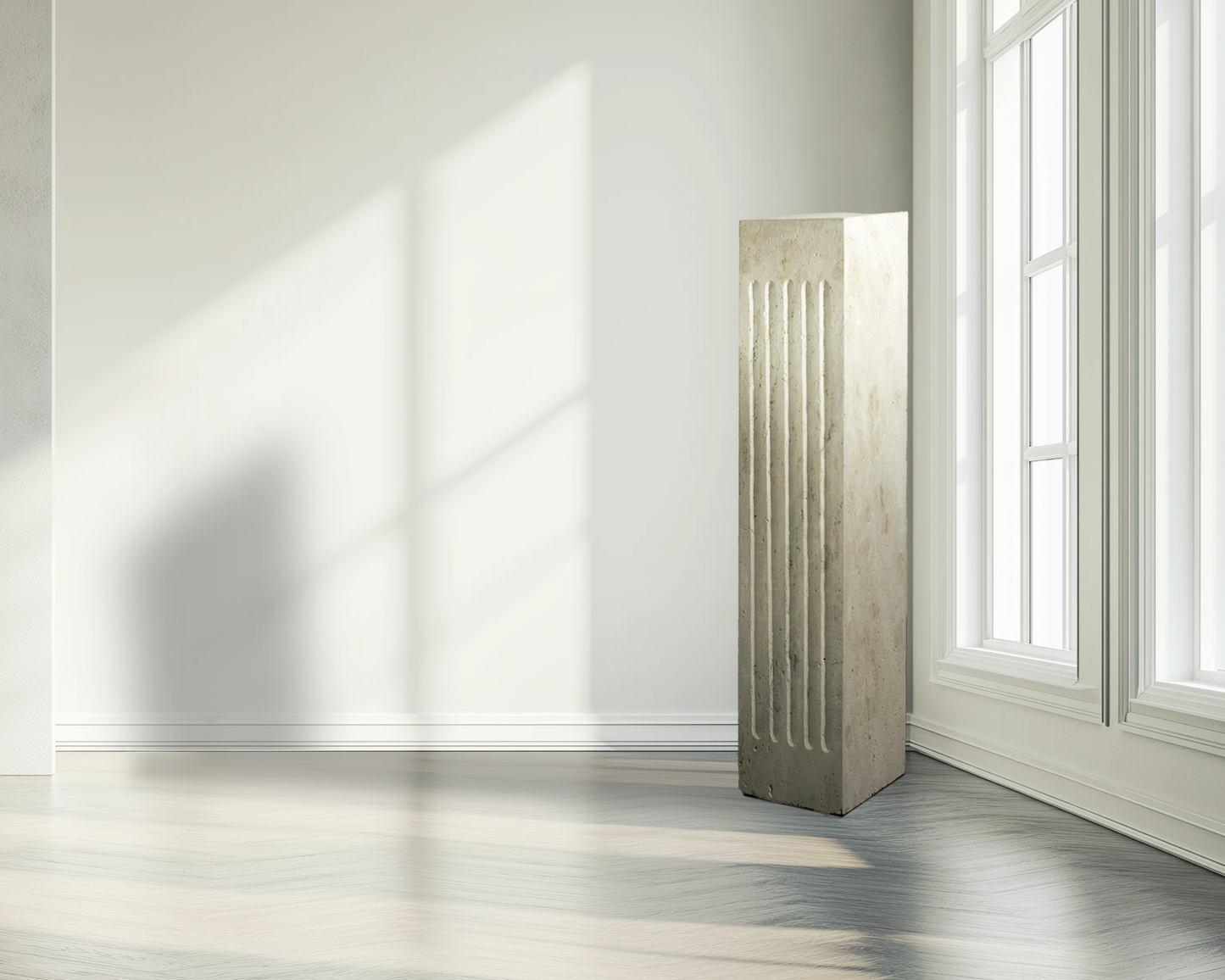 "Striking travertine plinth serving as a bold statement piece in home decor."