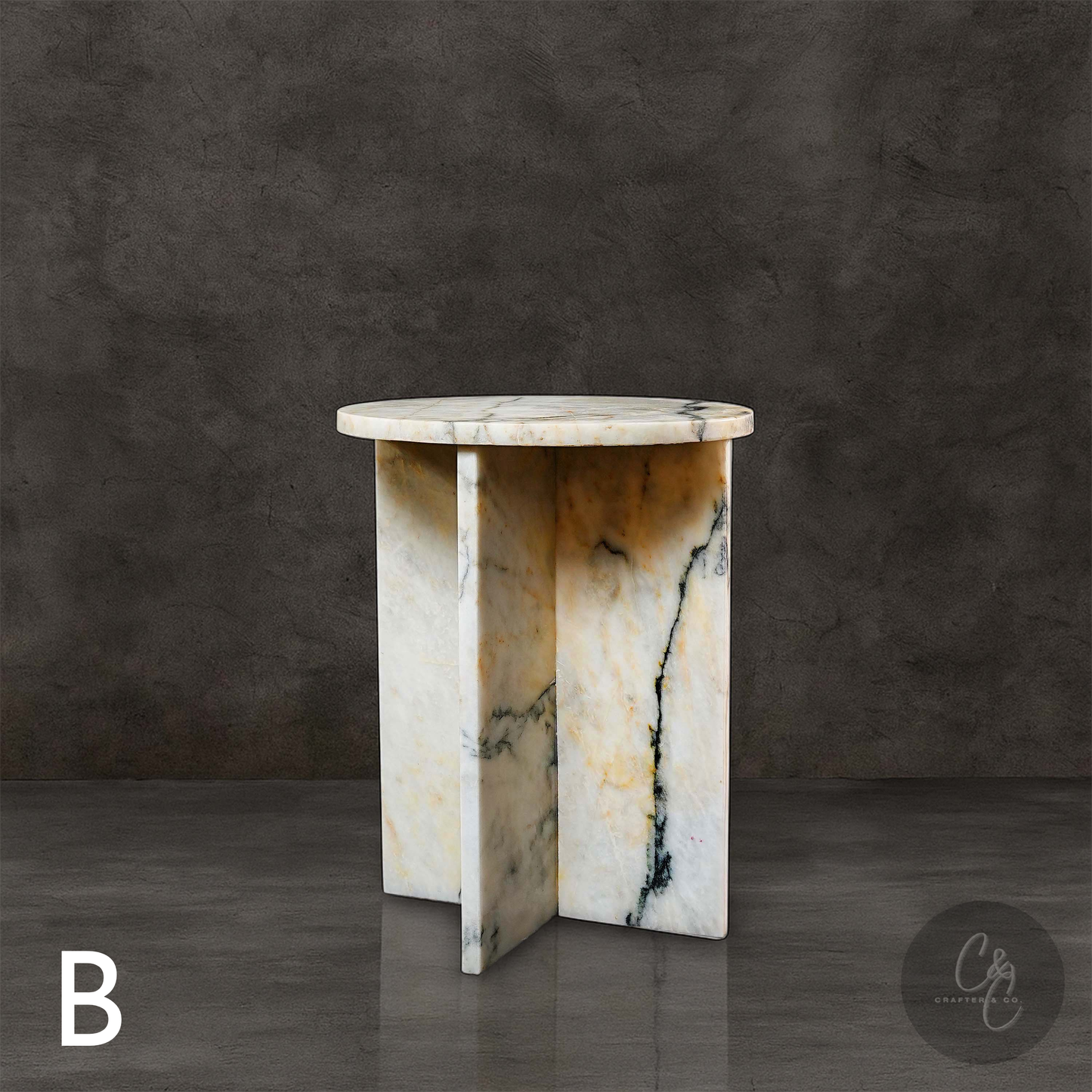 Round Cross Side Table – Calacatta Monet Marble