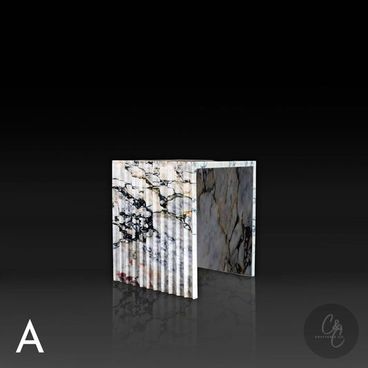 Arbescato Viola corrugated side table angled view, handcrafted Italian marble furniture.