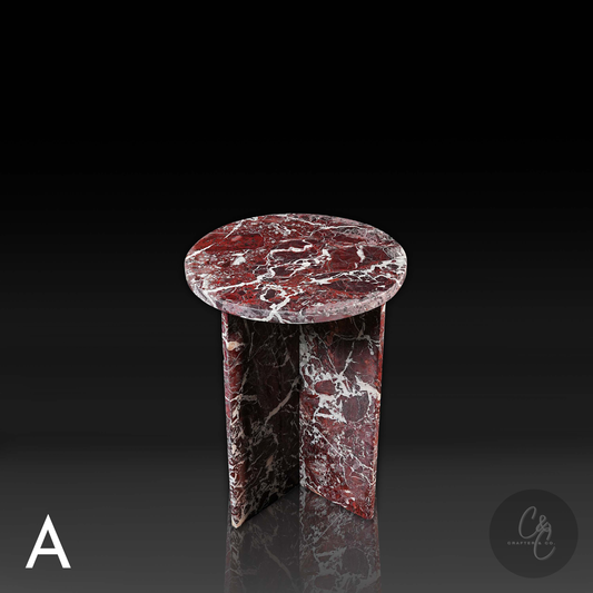 Round Cross Rosso Levanto marble side table front view with honed finish