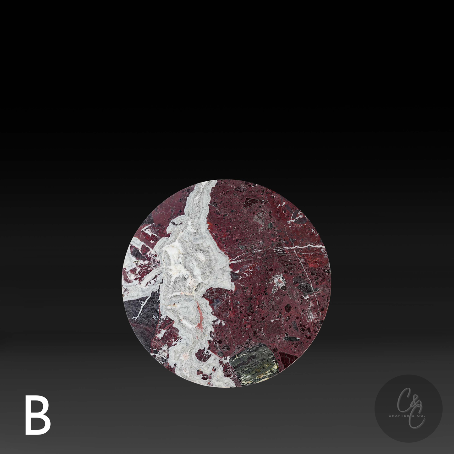 Round Cross Rosso Levanto marble side table top view showcasing dramatic burgundy, white and dark green natural veining with honed finish