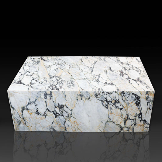Front view of the Small Block Coffee Table in Arabescato Viola Marble