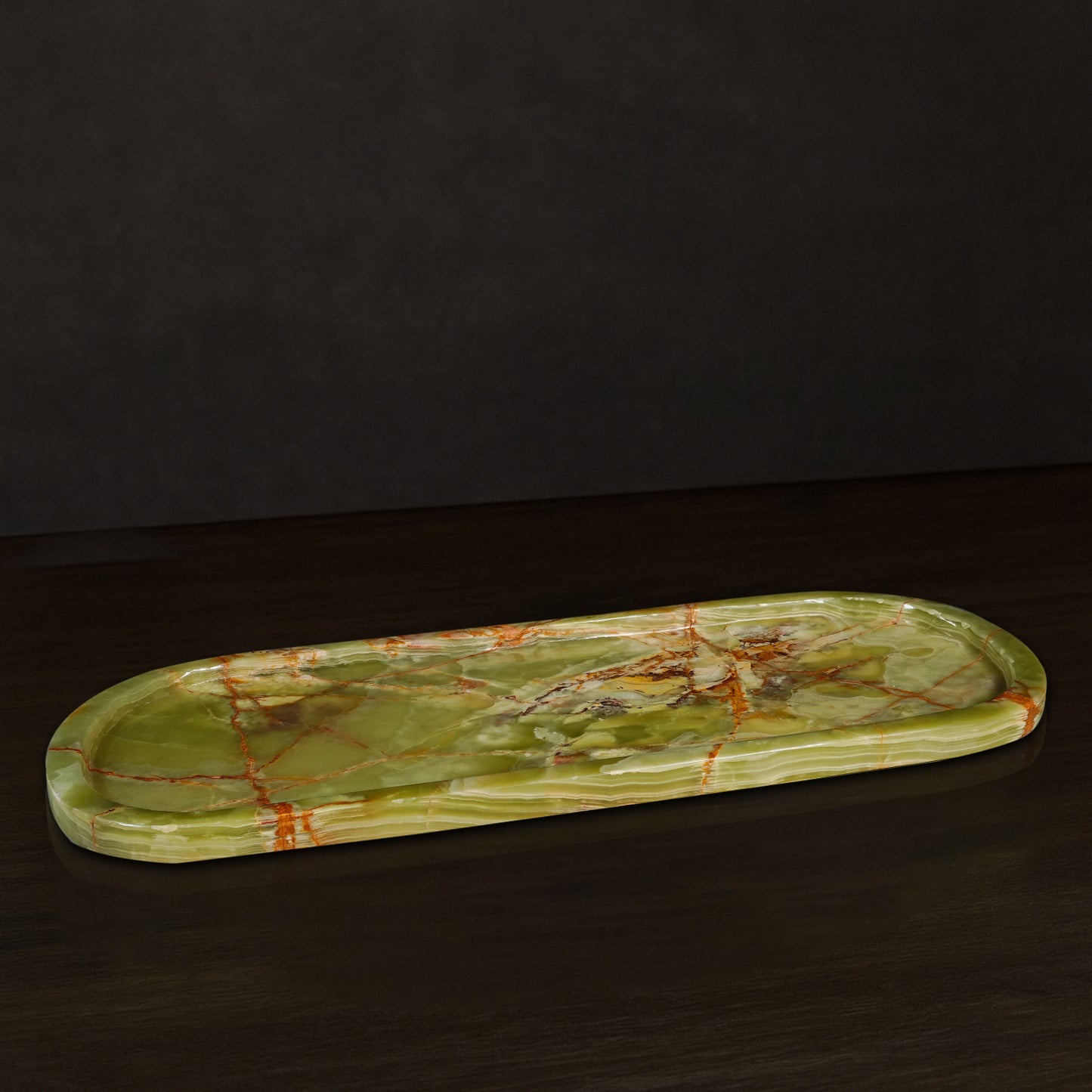 Aura Green Onyx Tray Large styled on a console table in a modern interior.