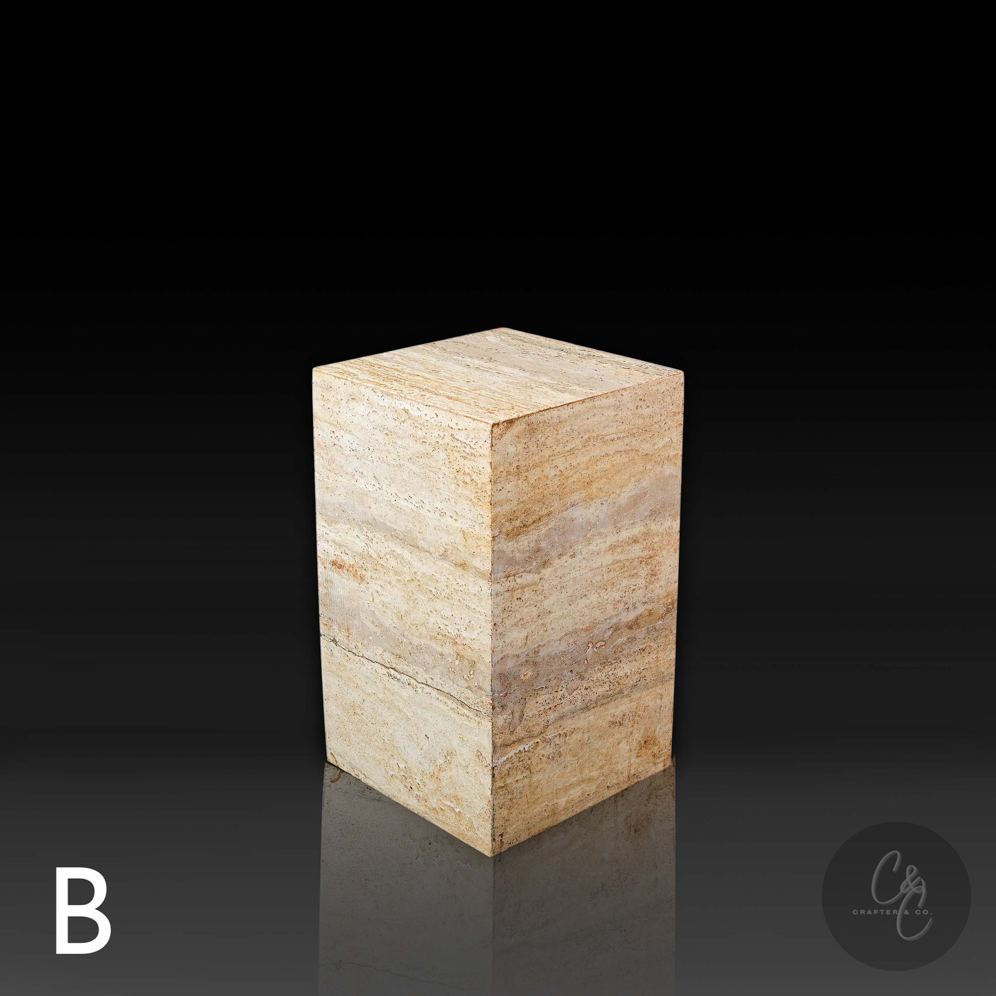 Angled view of Travertine Veincut column side table B highlighting layered natural stone texture.