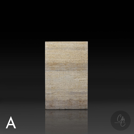 Front view of Travertine Veincut column side table A showcasing natural horizontal veining.
