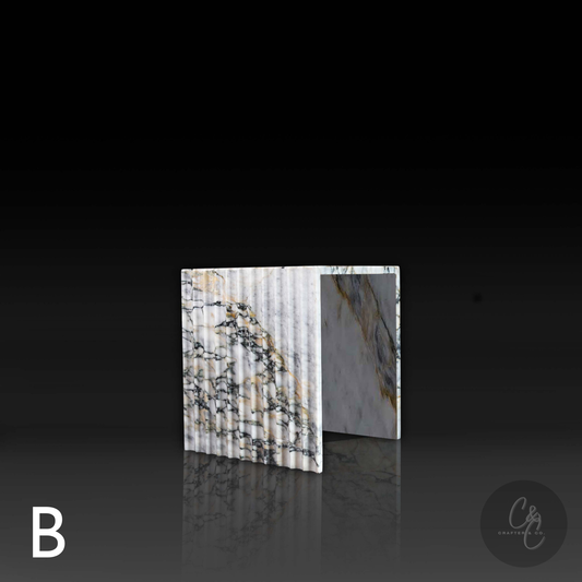 Arbescato Viola corrugated side table angled view, handcrafted Italian marble furniture with gold and grey veining.