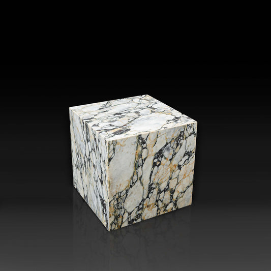 Arabescato Viola Cube Side Table front profile showcasing dramatic Italian marble veining.