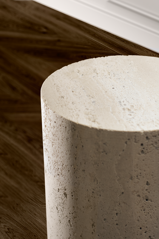 Close-up of the Heritage Travertine Side Table highlighting natural travertine texture, organic veining and handcrafted finish.
