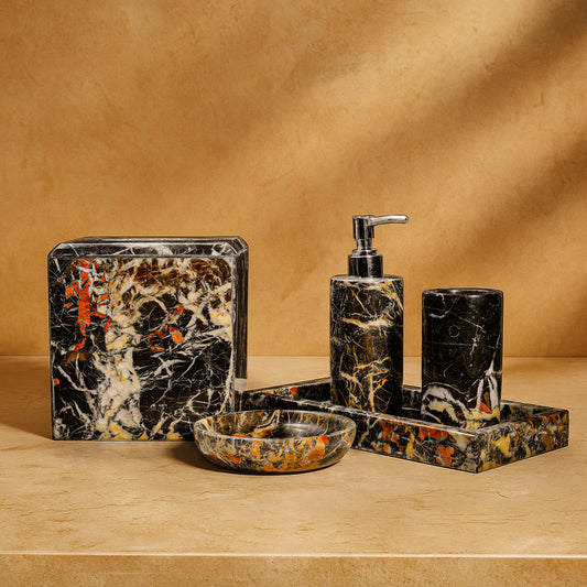 Marble Luxe Bath Set in Black and Gold Marble styled in a modern luxury bathroom.