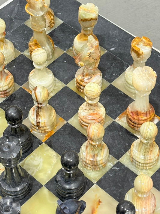 Luxury Green Onyx and Black Marble Chess Set with hand carved pieces