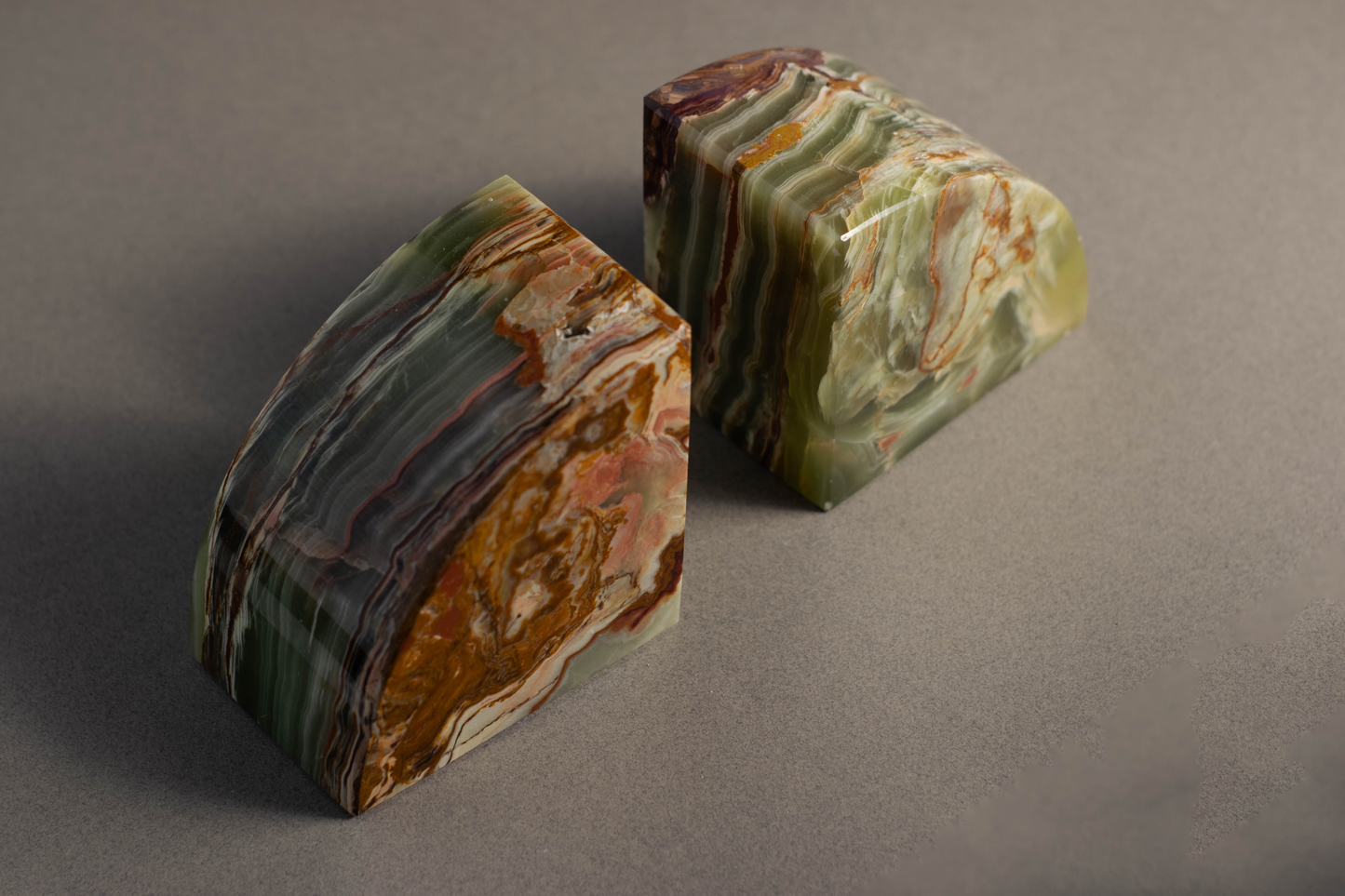 Side view of Maha Green Onyx Bookends handcrafted from genuine natural green onyx.