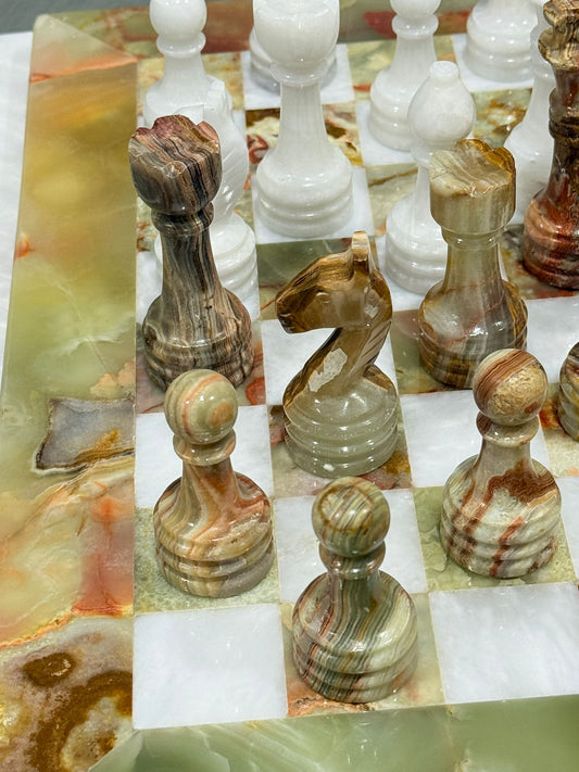 Angled view of Maha Green Onyx and White Marble Chess Set