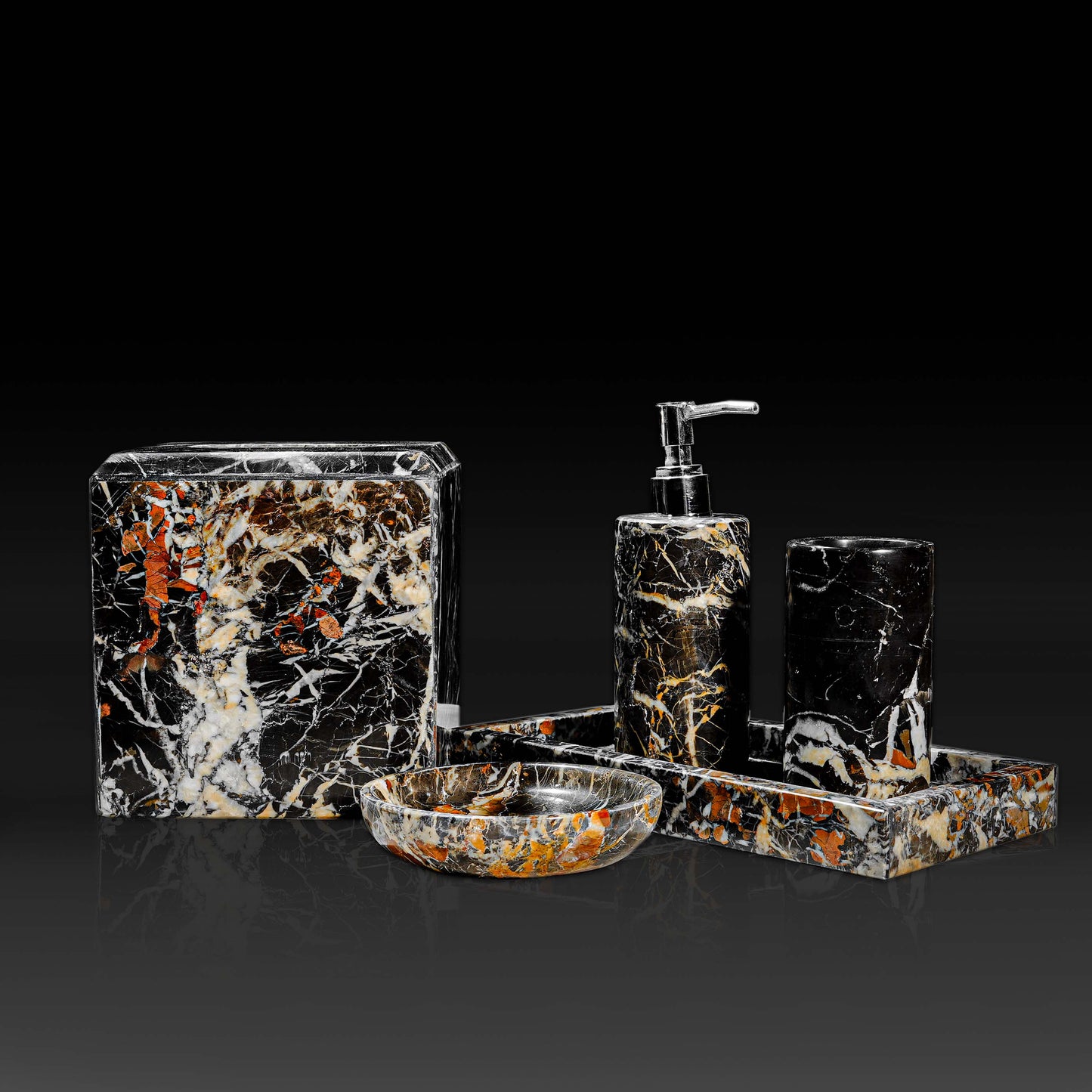 Marble Luxe Bath Set in Black and Gold Marble featuring tissue holder, soap dispenser, tumbler, soap dish and tray.