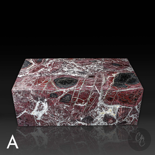 Front profile view of Small Block Rosso Levanto Marble Coffee Table with deep burgundy marble and striking white veining