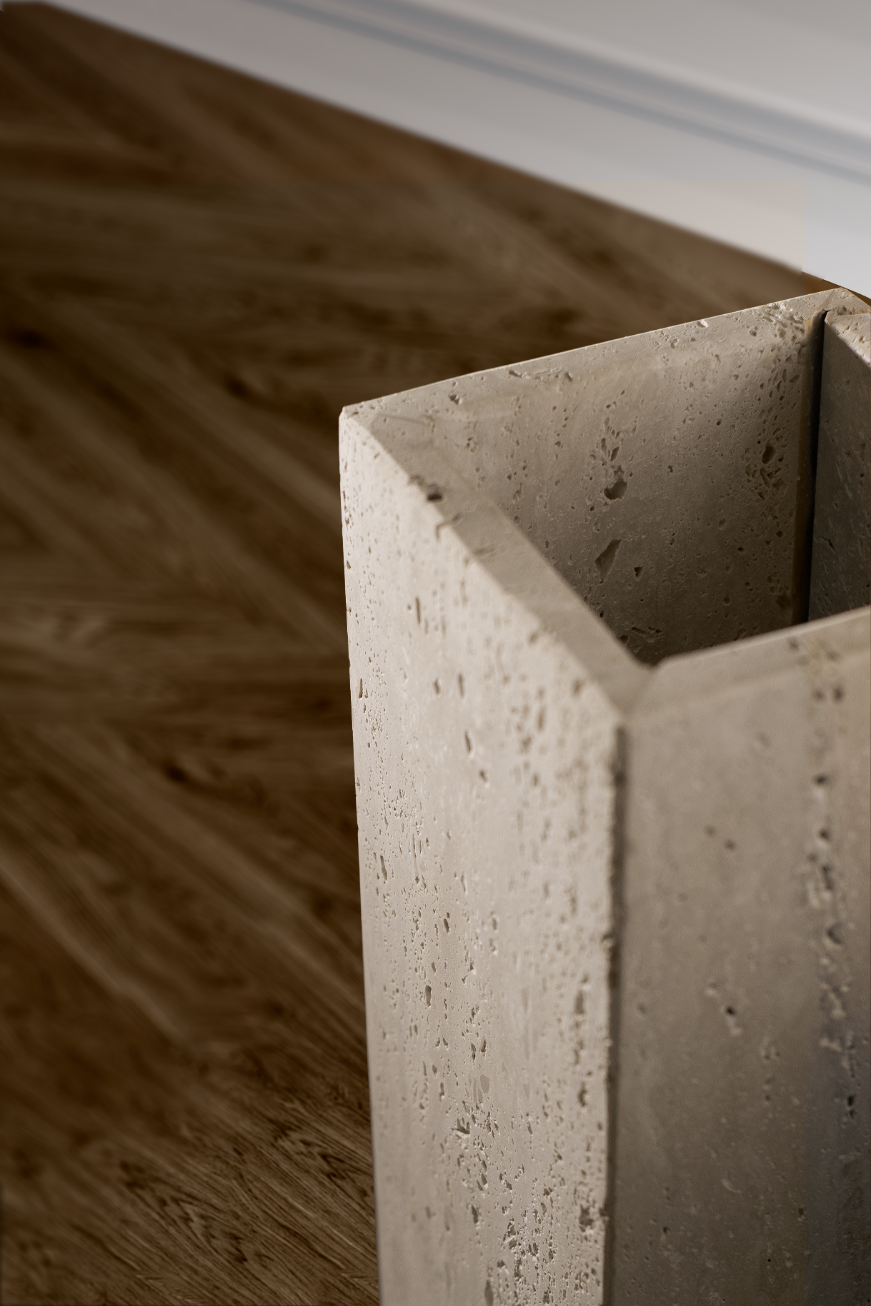 Close-up of Terra Travertine Vase showing natural travertine texture and veining.