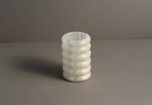 Tidal White Onyx Vase showing natural white onyx veining and polished finish.