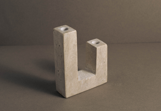Travertine L-Shaped Candle Holder front angle view handcrafted travertine candle holder.