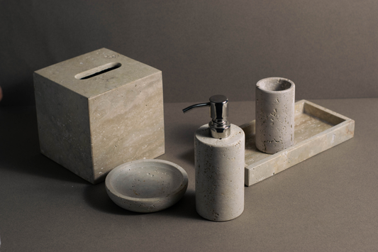 Luxury travertine bathroom accessories set with soap dispenser, Tumbler, Tissue Box Cover, soap dish and tray.