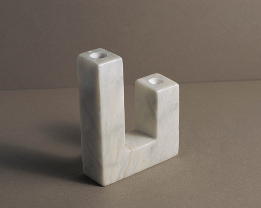 White Marble L-Shaped Candle Holder front angle view handcrafted natural marble candle holder.