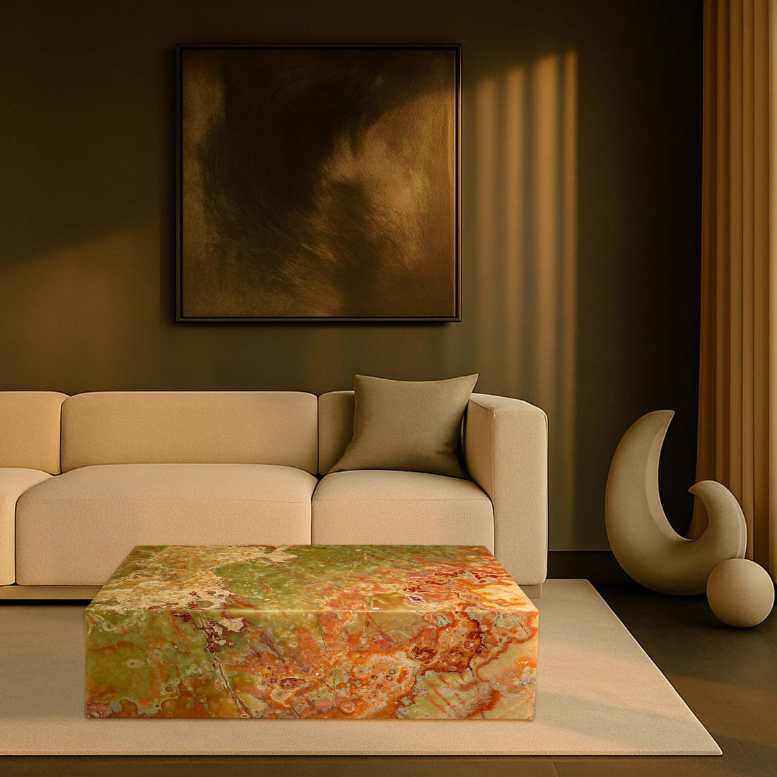 Handcrafted luxury marble coffee table in a modern New Zealand living room