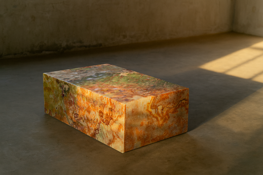 Green Onyx block coffee table with natural green and amber veining in a minimalist interior.