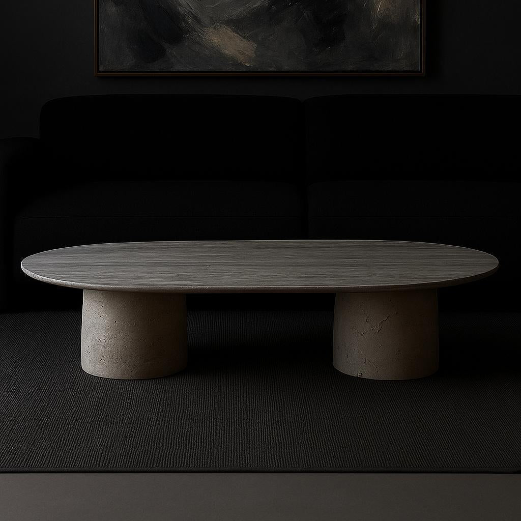 Harmony travertine coffee table handcrafted from natural travertine, styled in a modern living room with a minimalist interior.