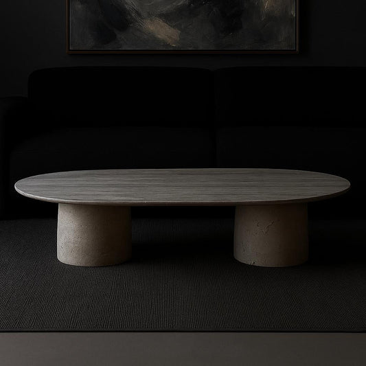 Harmony travertine coffee table handcrafted from natural travertine, styled in a modern living room with a minimalist interior.