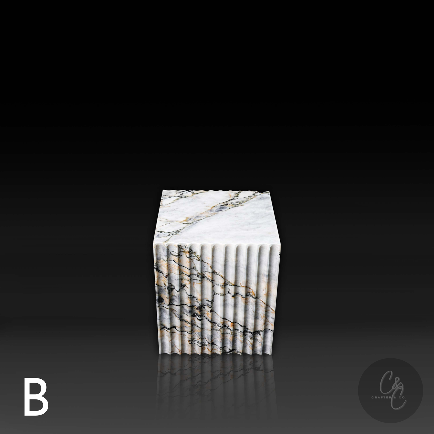 Arbescato Viola corrugated cube side table top view, natural marble veining.