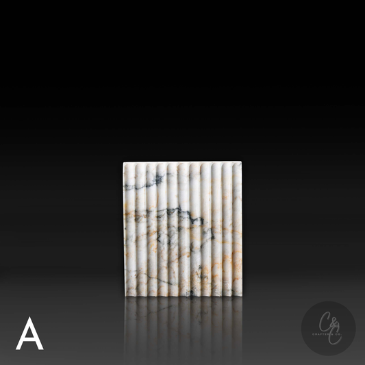 Calacatta Monet marble corrugated side table side view, handcrafted Italian stone furniture with gold and grey veining