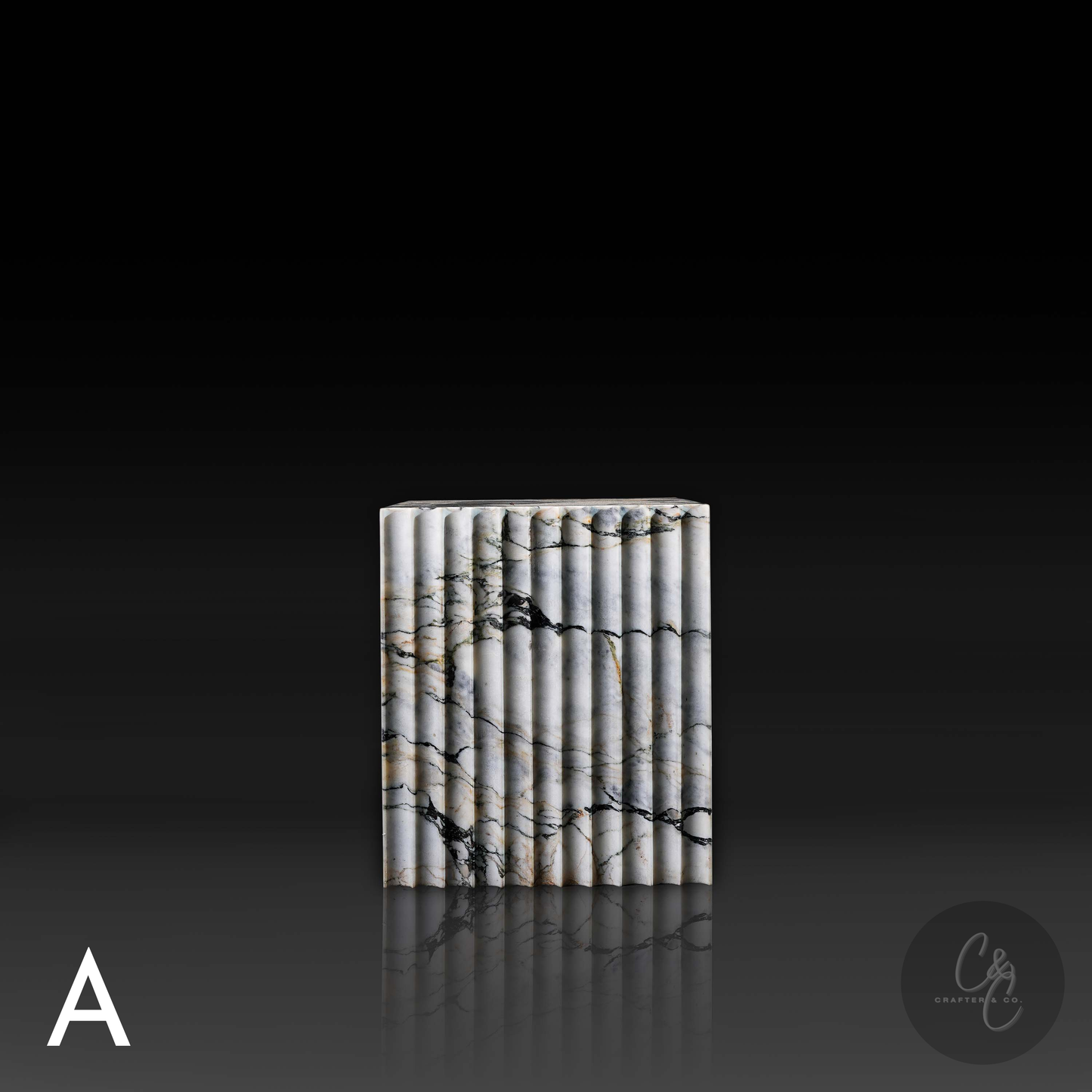 Arbescato Viola corrugated side table side view with bold veining