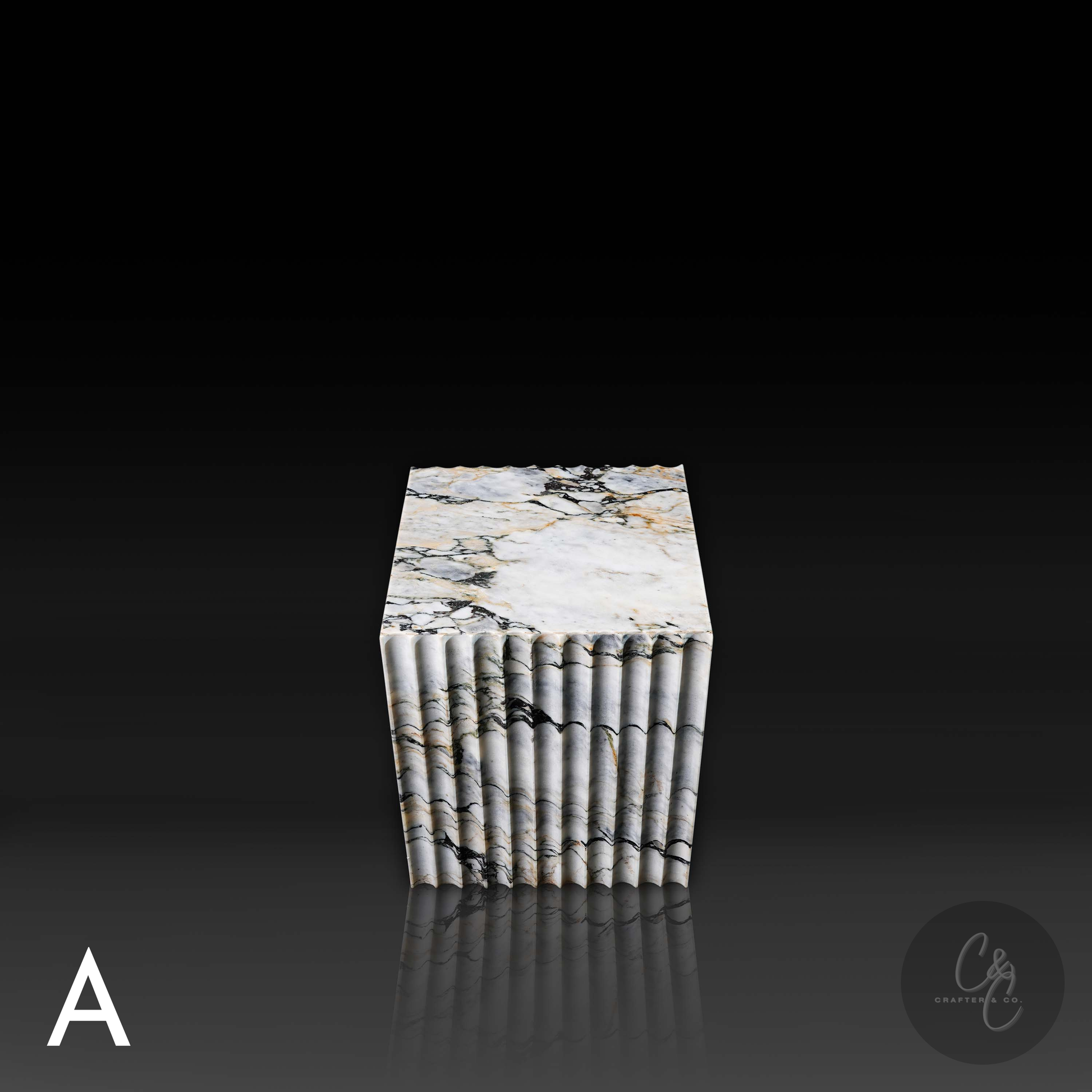 Arbescato Viola corrugated cube side table top side view, natural marble veining