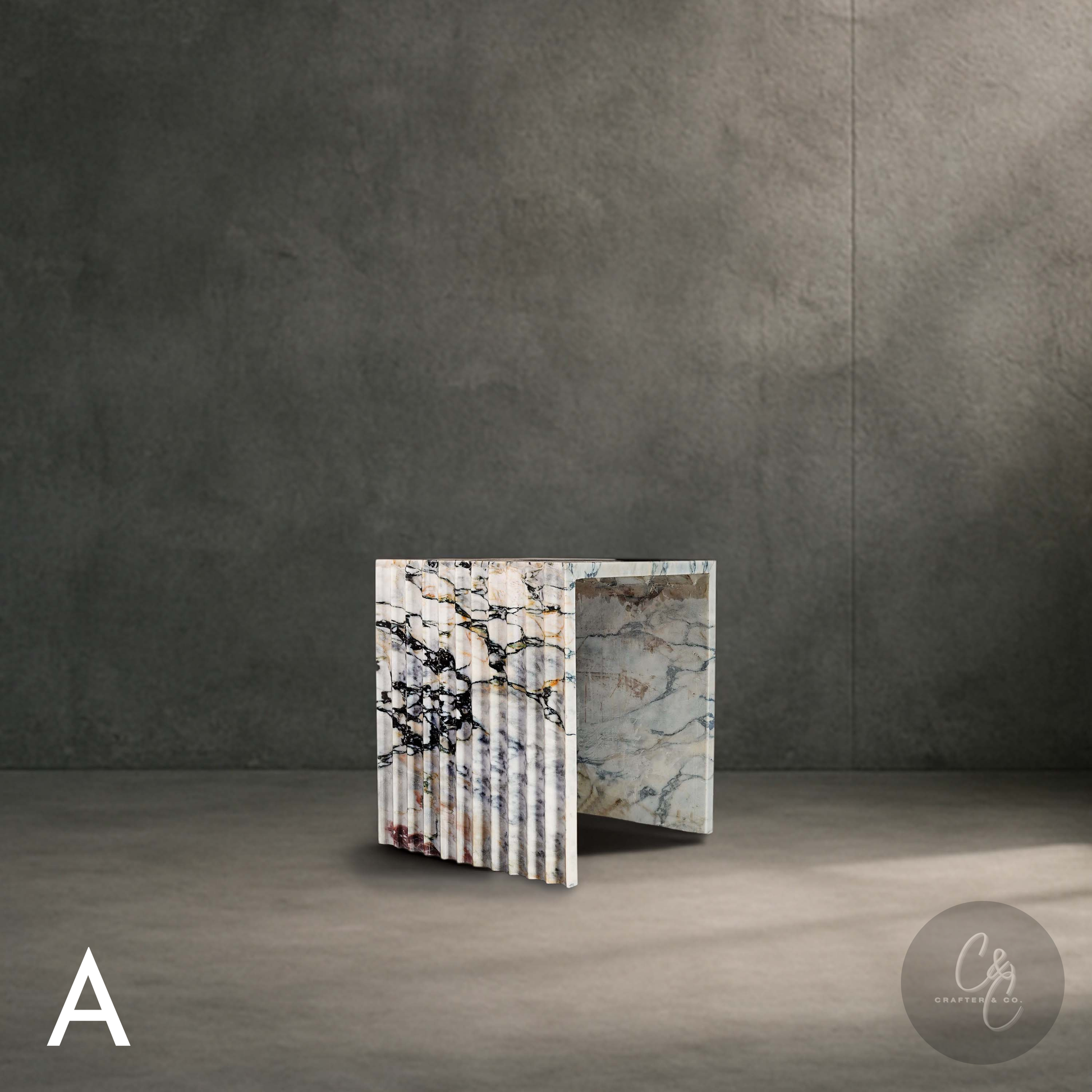 Arbescato Viola corrugated side table styled in modern interior with concrete wall.
