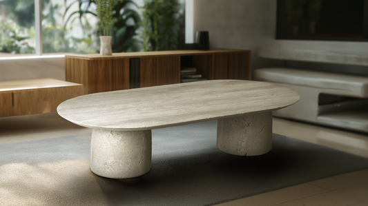 Harmony Travertine Coffee Table styled in a modern living room.