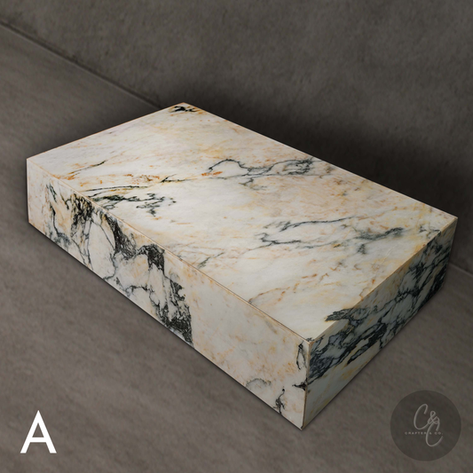 Large Block Coffee Table in Calacatta Monet Marble with white, charcoal and gold natural veining – View A