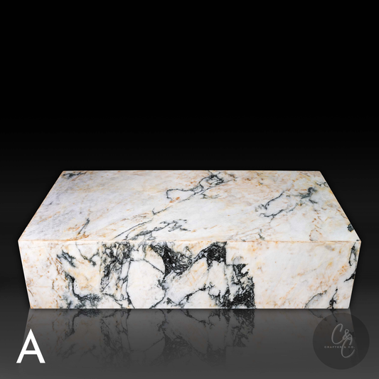 Front view of Large Block Coffee Table in Calacatta Monet Marble with natural white, charcoal and gold veining – View A