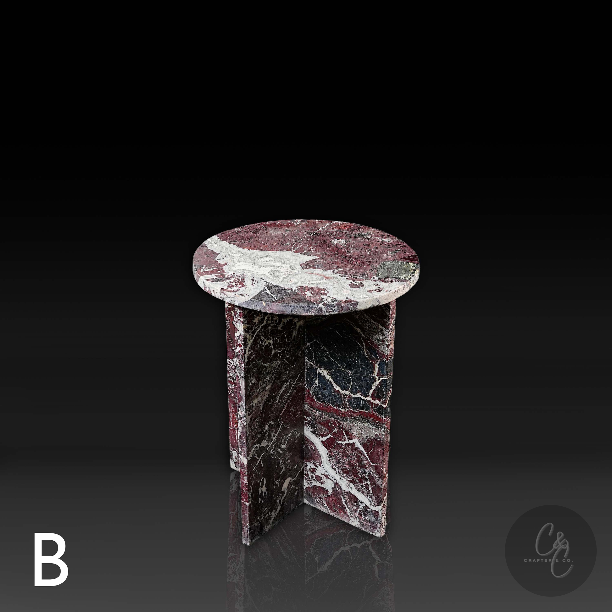 Round Cross Rosso Levanto marble side table front view with honed finish
