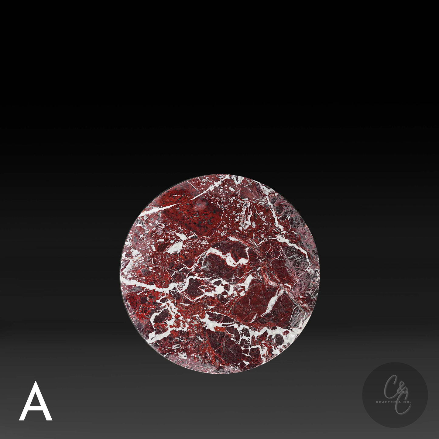 Round Cross Rosso Levanto marble side table top view showing natural burgundy and white veining