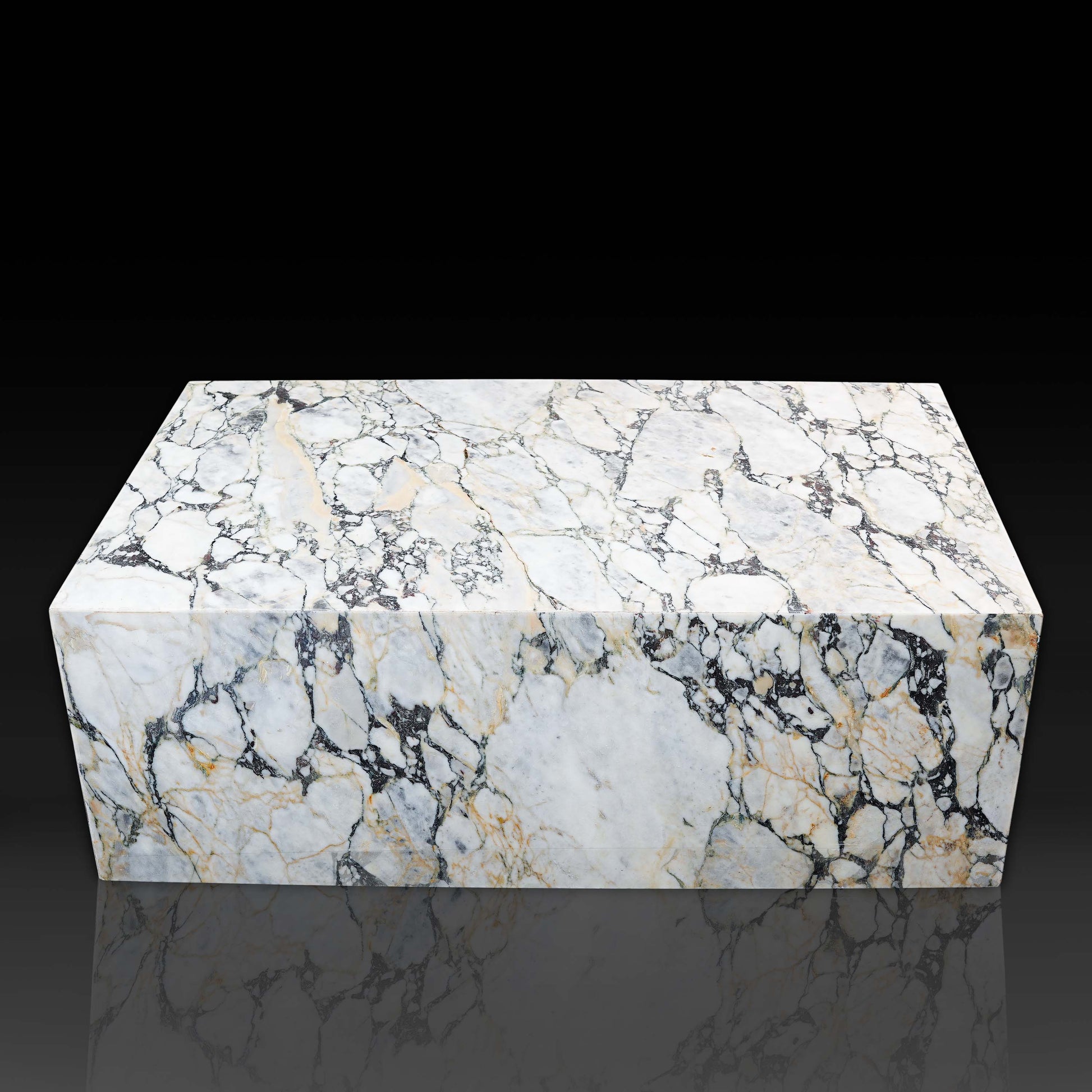 Front view of the Small Block Coffee Table in Arabescato Viola Marble