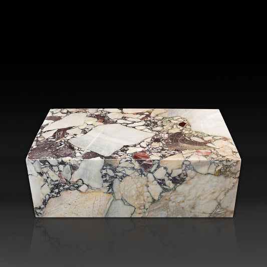 Front view of the Small Block Coffee Table in Breccia Capraia Marble