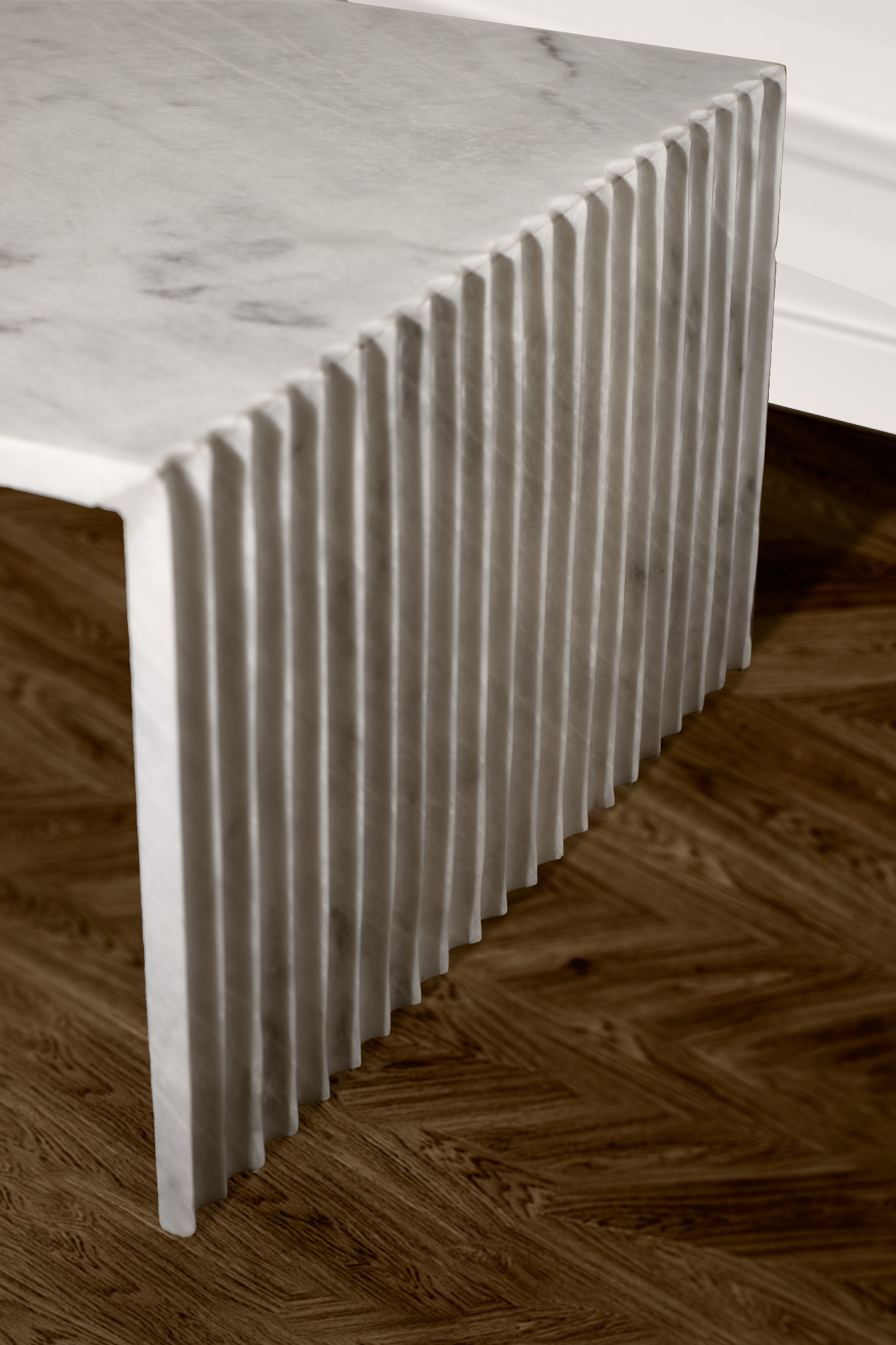 Close-up of the Stria Corrugated White Marble Coffee Table showcasing the sculptural fluted side and natural white marble veining.