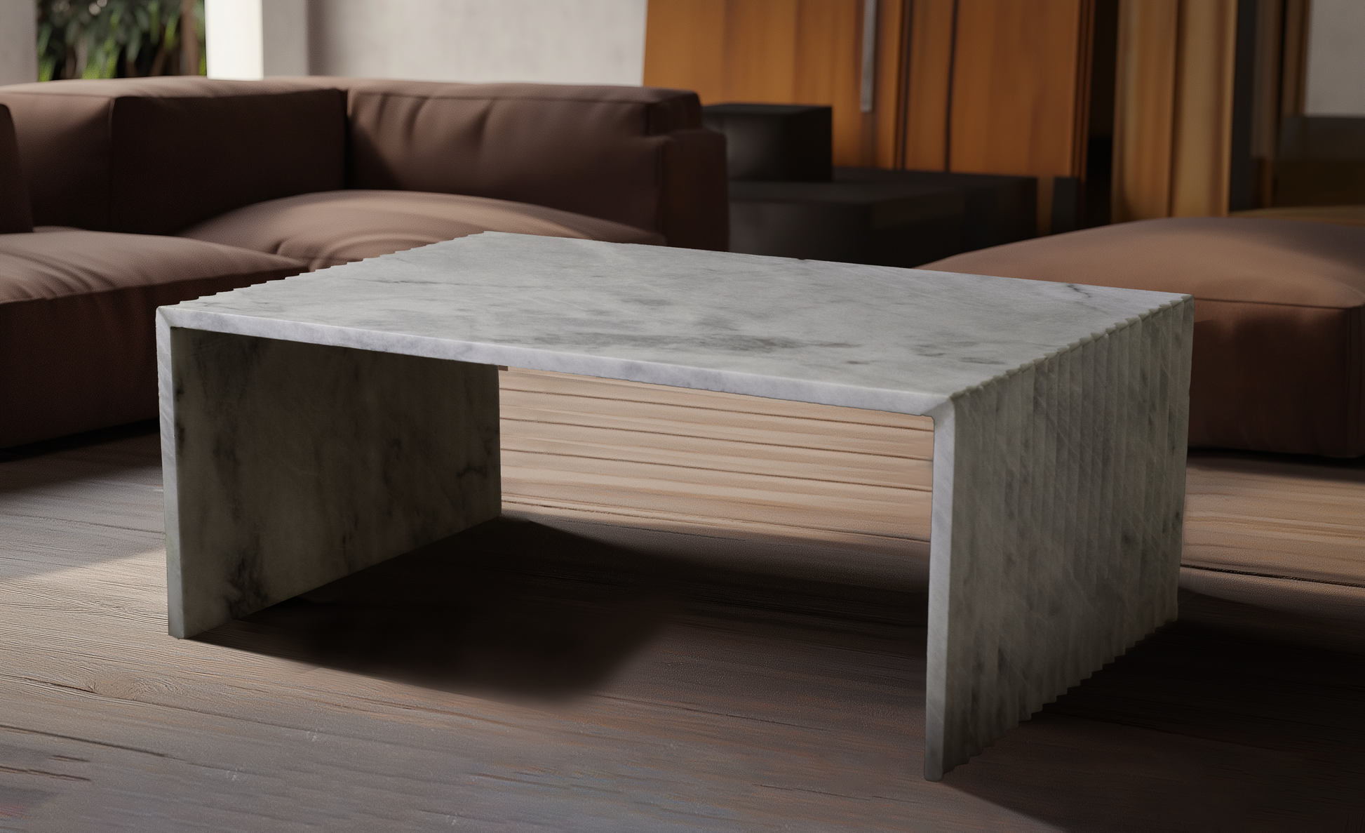 Stria Corrugated White Marble Coffee Table in a modern living room with sculptural fluted sides and a polished white marble top.