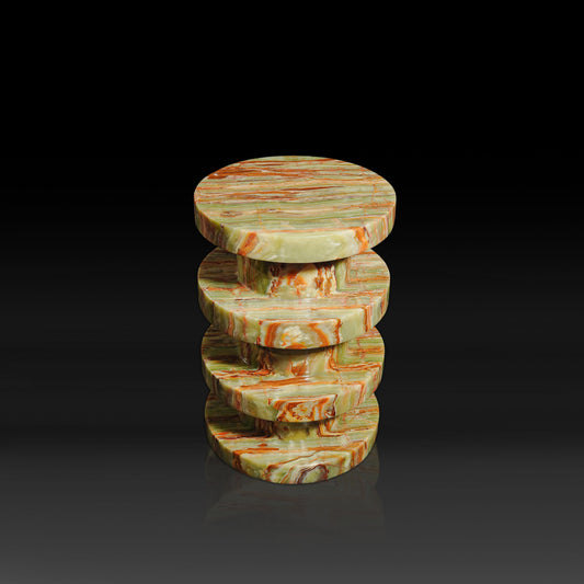 Angled view of the Vela Green Onyx Side Table handcrafted from natural green onyx with rich green veining and a polished stone finish.