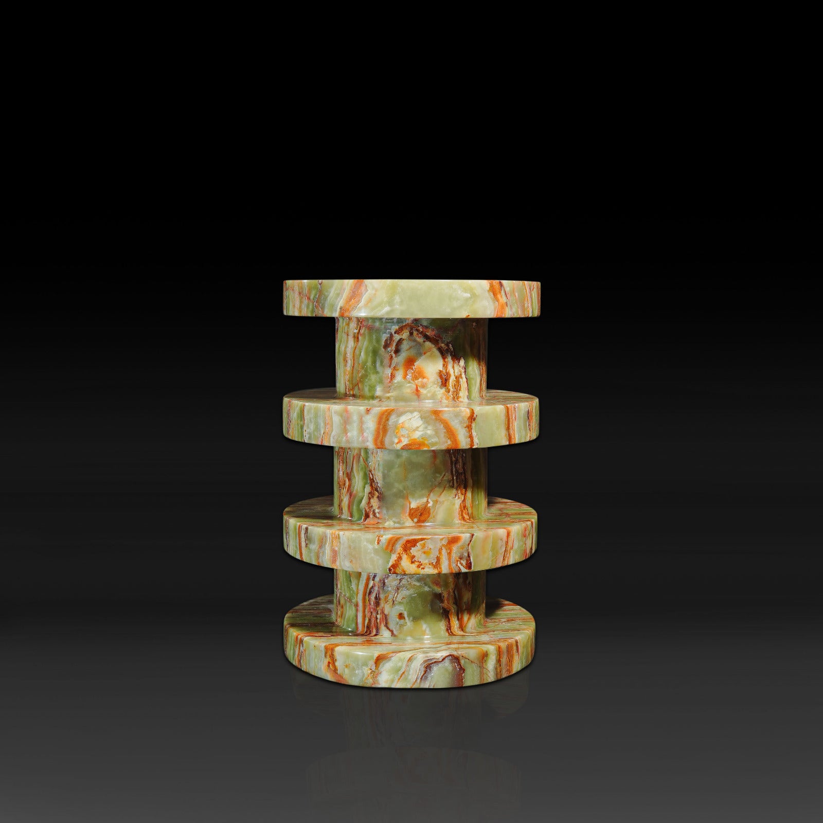 Front view of the Vela Green Onyx Side Table handcrafted from natural green onyx with rich veining and a polished stone finish.