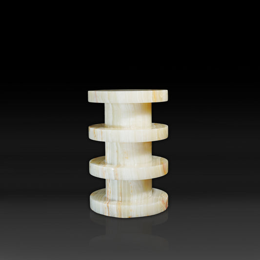 Front view of the Vela White Onyx Side Table handcrafted from natural white onyx with a polished finish.