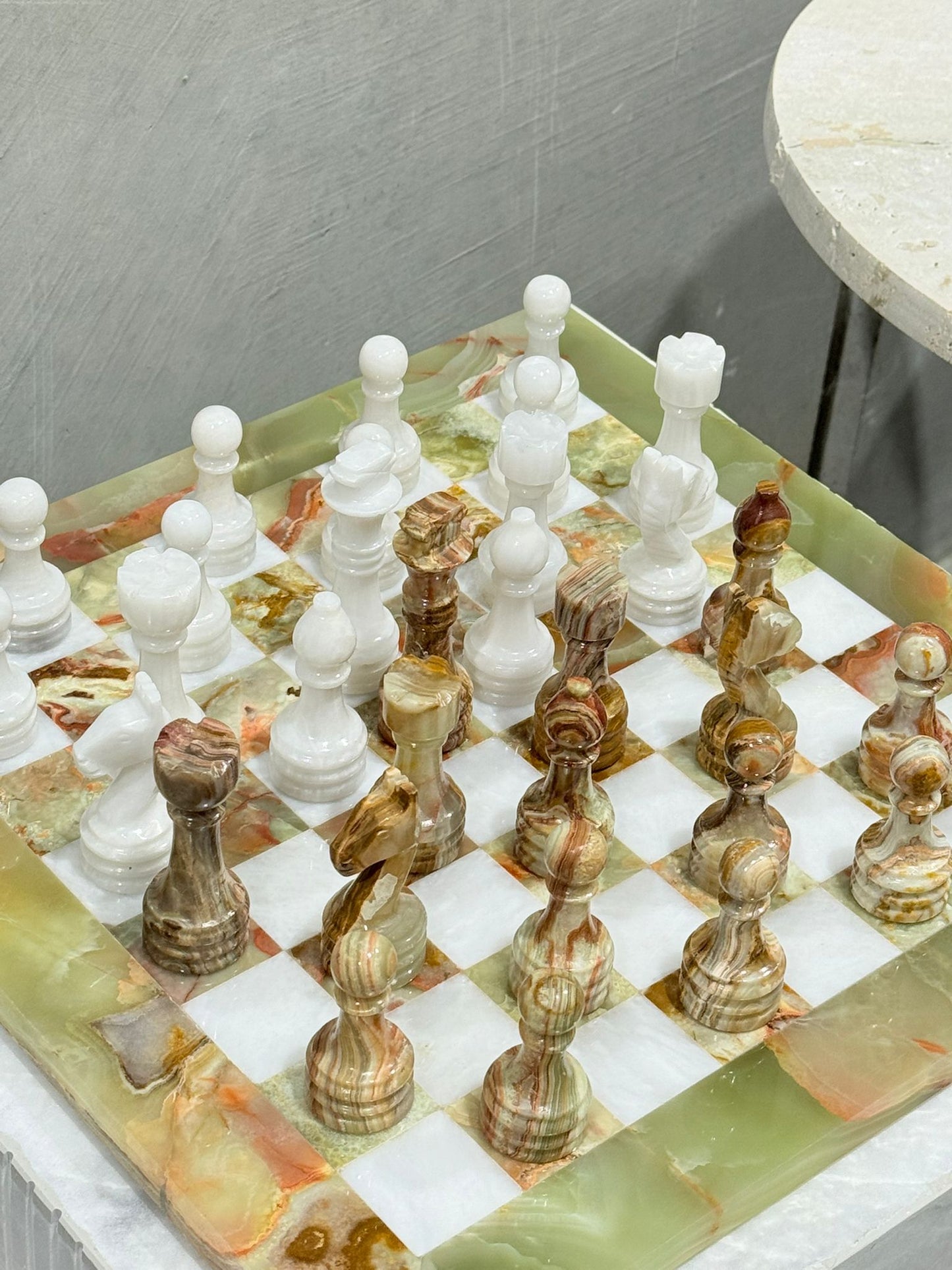 Maha Handcrafted Green Onyx & White Marble Chess Set