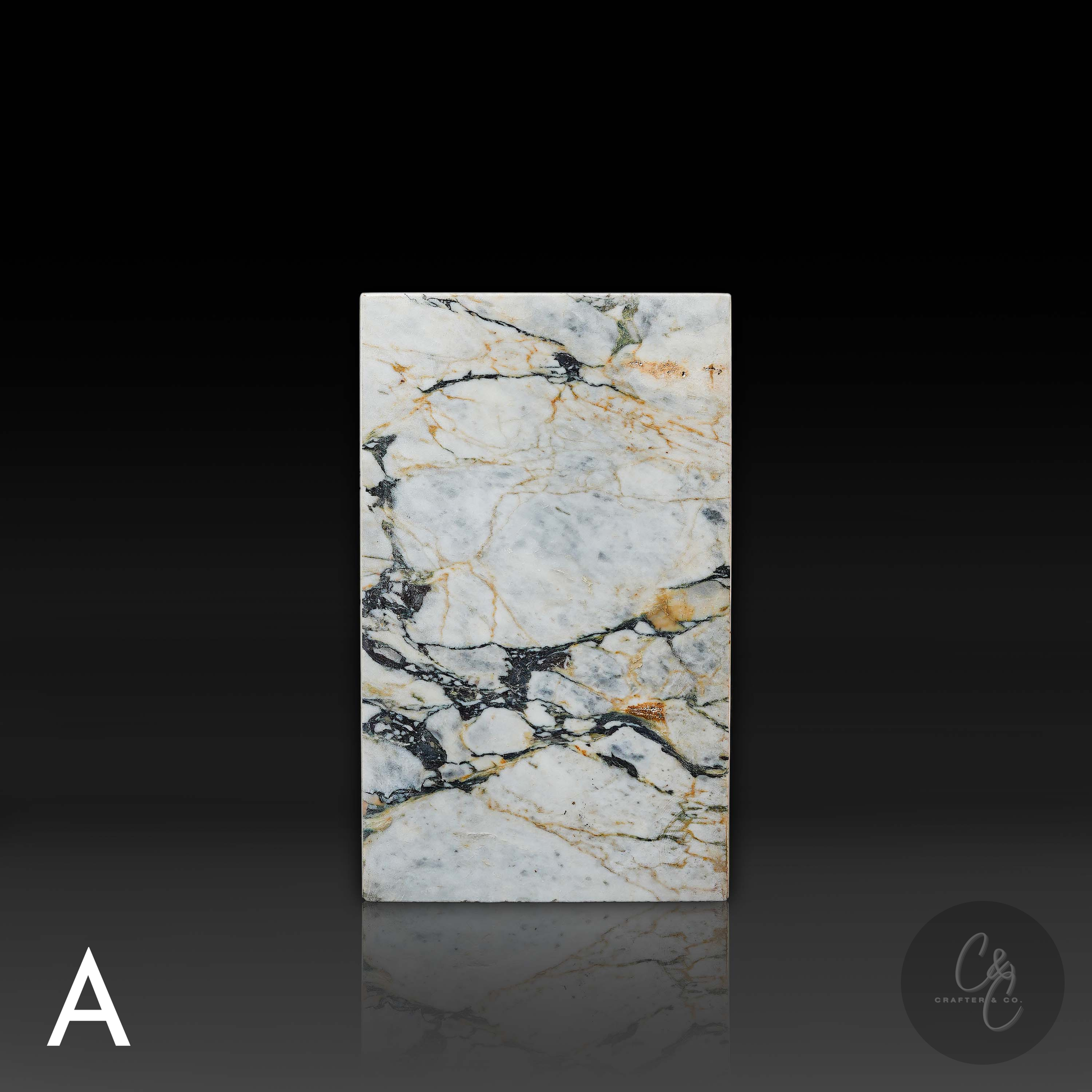 Front elevation of Arabescato Viola marble column side table showcasing distinctive natural marble veining.